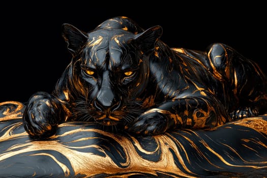A black panther lying on a dark background with liquid gold paint. AI generated