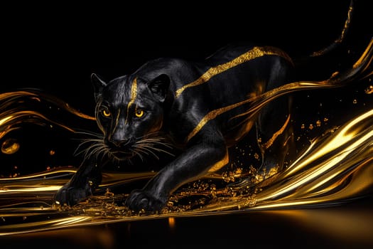 A black panther running on a dark background with liquid gold paint. AI generated