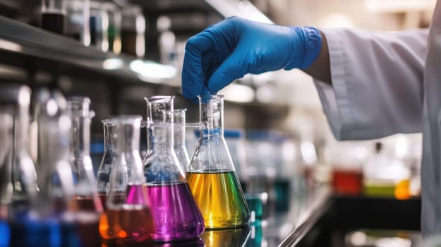 Scientist analyzing chemical samples in flasks, concept of science, research, and laboratory work