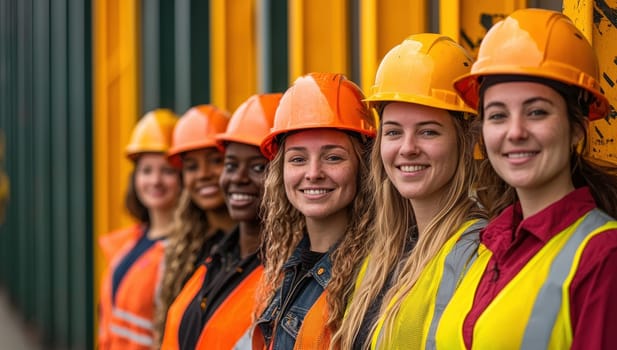 Diverse female construction workers in safety gear. Concept of teamwork, industry, empowerment, diversity.