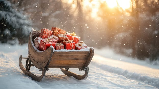 Old wooden sleigh loaded with red Christmas gifts covered in snow in a magical winter forest at sunset. Concept of holidays, presents, wintertime, and Christmas magic.