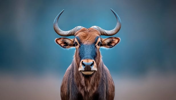 Portrait of a majestic African antelope with large horns against a blurred background.