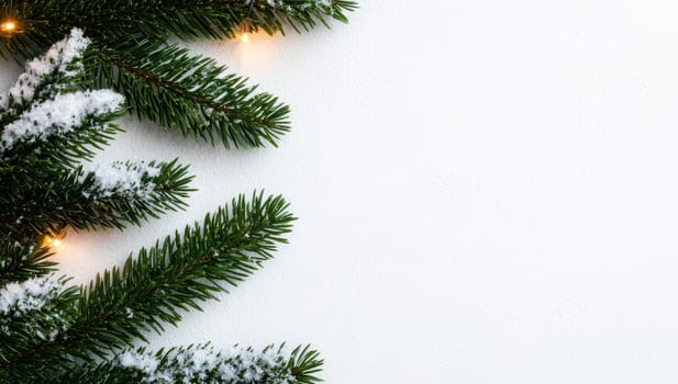 Christmas border design. Festive fir branches with snow and lights on white background.
