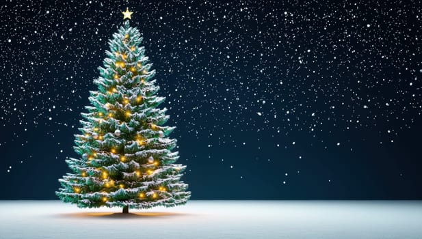 Christmas tree in falling snow. Concept of winter holidays, celebration and festive season.