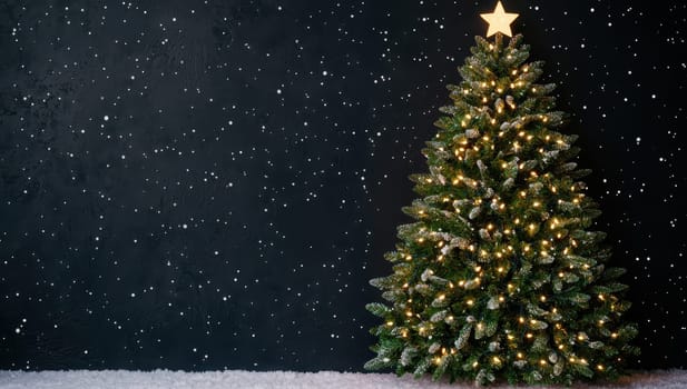 Christmas tree with lights and star against a dark starry background. Concept of festive holiday season, Christmas spirit