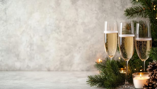 Champagne glasses, fir branches and Christmas lights on a festive background. Concept of Christmas and New Year celebration.