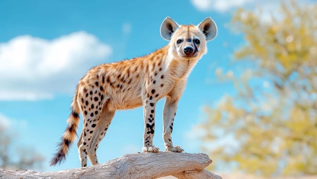Hyena standing on a log in the African savanna
