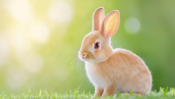 Cute little rabbit sitting on green grass in the garden with natural bokeh background. Easter bunny.