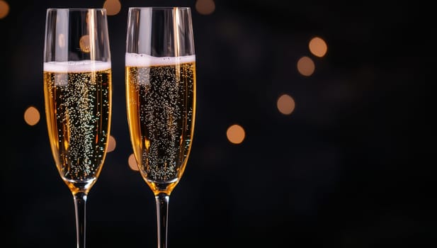 Two Champagne Flutes against Festive Bokeh Lights,  Celebration Concept