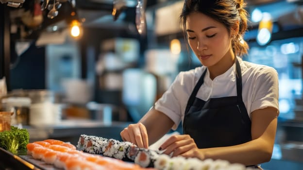 Sushi chef preparing a plate with a variety of sushi. Concept of Japanese cuisine, culinary art, food preparation.