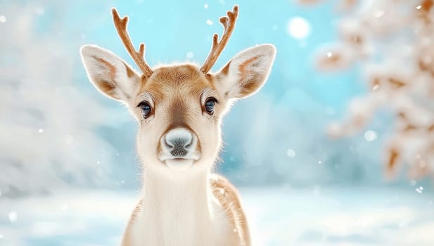 Young deer with small antlers in snowy winter forest. Wildlife, nature, and Christmas concept.