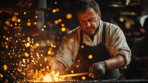 Blacksmith shaping glowing metal with hammer. Concept of manual labor, craftsmanship, tradition, blacksmithing.