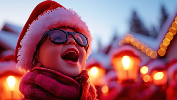 Joyful Child Celebrates Christmas at Festive Market,  Holiday Cheer Concept