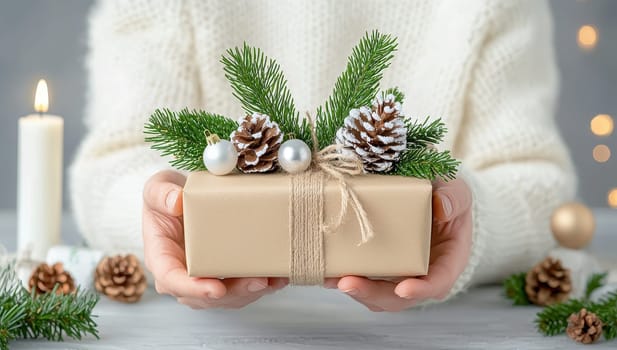 Woman holding Christmas gift box with rustic decorations. Concept of Christmas, holidays, celebration, giving, and winter season.