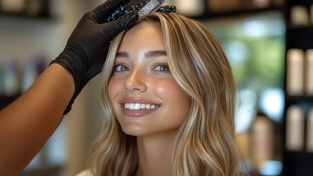 Blonde Woman Getting Hair Coloring Treatment at Salon. Concept of hair care, beauty, fashion, and self care