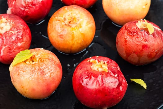 Delicious homemade oven baked apples. Close up.