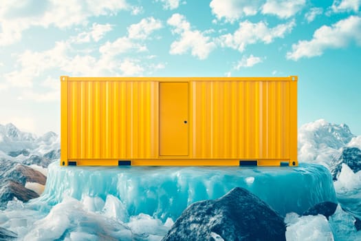 Ice covered land with an yellow shipping container as temporary house, live in the wild concept . AI generated