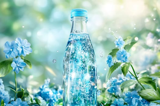 A clear glass bottle filled with sparkling mineral water, decorated by light blue flowers. AI generated