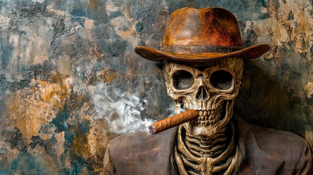 Smoking kills, bad habits. Human skeleton smoking a cigar. AI generated