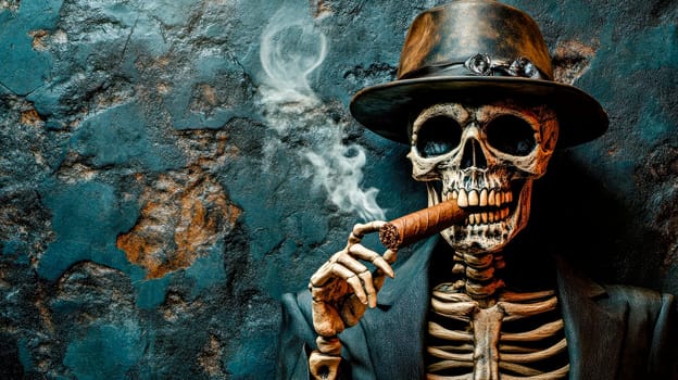 Bad habits. Human skeleton smoking a cigar. AI generated