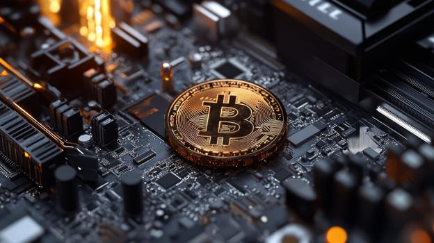 Close up view of golden Bitcoin on computer circuit board. Cryptocurrency business. AI generated