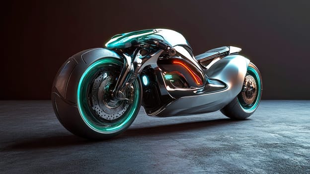 Futuristic sporty motorcycle parked in a dark garage . AI generated