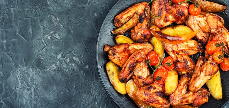 Freshly baked chicken wings with marble potatoes and sage. Space for text.