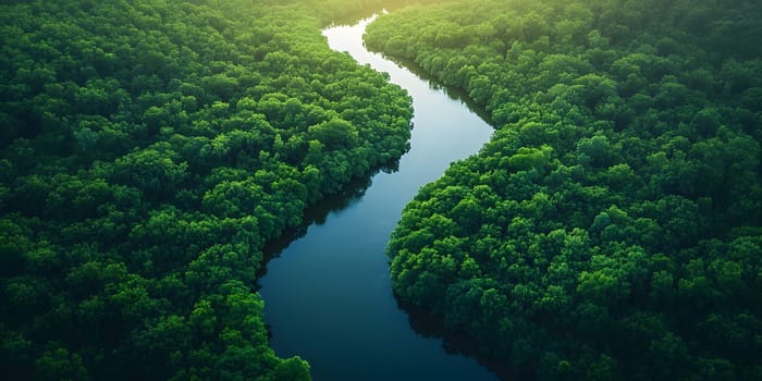 Aerial photography of a summer landscape with a quiet river surrounded by lush green trees, with clear sky reflecting on the water surface. Suitable for advertising for a eco-tourism campaign.