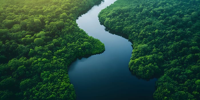 Aerial photography of a summer landscape with a quiet river surrounded by lush green trees, with clear sky reflecting on the water surface. Suitable for advertising for a eco-tourism campaign.