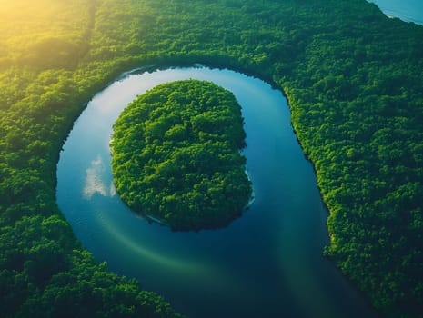 Aerial photography of a summer landscape with a quiet river surrounded by lush green trees, with clear sky reflecting on the water surface. Suitable for advertising for a eco-tourism campaign.