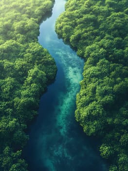 Aerial photography of a summer landscape with a quiet river surrounded by lush green trees, with clear sky reflecting on the water surface. Suitable for advertising for a eco-tourism campaign.