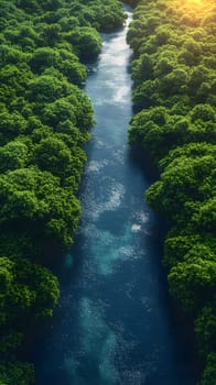 Aerial photography of a summer landscape with a quiet river surrounded by lush green trees, with clear sky reflecting on the water surface. Suitable for advertising for a eco-tourism campaign.