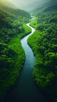 Aerial photography of a summer landscape with a quiet river surrounded by lush green trees, with clear sky reflecting on the water surface. Suitable for advertising for a eco-tourism campaign.