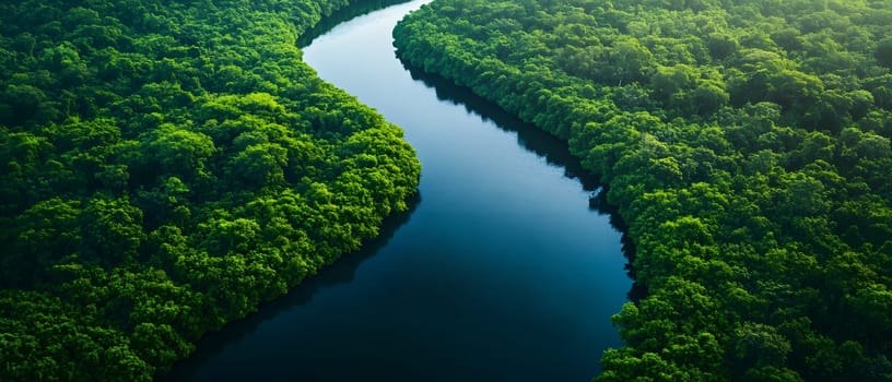 Aerial photography of a summer landscape with a quiet river surrounded by lush green trees, with clear sky reflecting on the water surface. Suitable for advertising for a eco-tourism campaign.