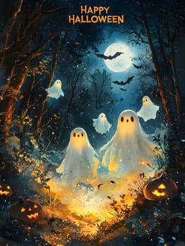 A whimsical Halloween scene with ghosts in a dark forest, pumpkins, and bats flying in the night sky. The image is full of Halloween spirit and spooky atmosphere.