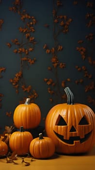 A close-up image of pumpkins, including a jack-o-lantern, set against a rustic background. The image embodies the spirit of Halloween with its spooky yet festive atmosphere.