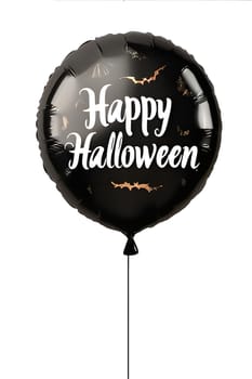 Black balloon with the words 'Happy Halloween' written on it. It has a black string and a pattern of bats.