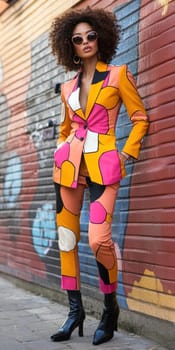 An elegant and sophisticated model  wearing a ready-to-wear collection in a vibrant pop art probabilistic color palette.Ai generative.