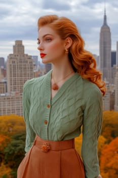Photographs of women styled in the 1940s-50s taken on the streets of American cities. AI generative.