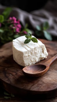 A fresh serving of young kajmak (traditional Balkan cream cheese)  AI generative.
