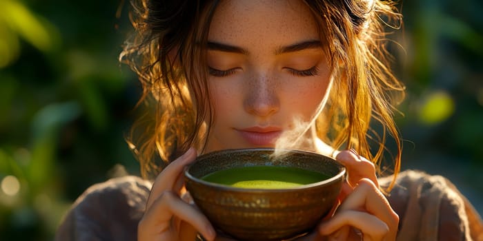 sitting smiling young woman drinking matcha tee. AI generative.