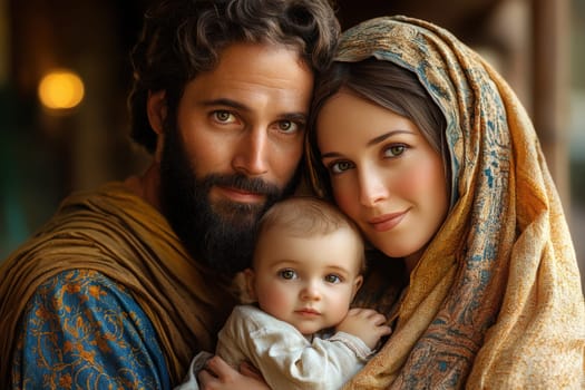 The painting depicts Mary, Joseph and the baby Jesus in a peaceful and holy scene, with Mary cradling Jesus in her arms and Joseph standing protectively by their side.AI generative.