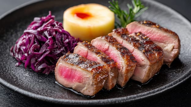 Duck fillet,red cabbage and apple mousse. AI generative.