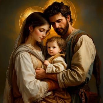 The painting depicts Mary, Joseph and the baby Jesus in a peaceful and holy scene, with Mary cradling Jesus in her arms and Joseph standing protectively by their side.AI generative.