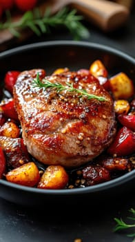 cooked duck breast, accompanied by a variety of caramelized vegetables. AI generative.