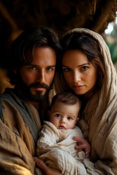 The painting depicts Mary, Joseph and the baby Jesus in a peaceful and holy scene, with Mary cradling Jesus in her arms and Joseph standing protectively by their side.AI generative.