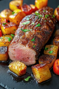 cooked duck breast, accompanied by a variety of caramelized vegetables. AI generative.
