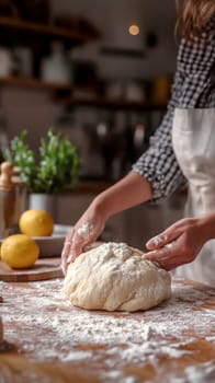 The hands knead the dough on a floured surface and prepare homemade bread in a cozy kitchen environment. AI generative.