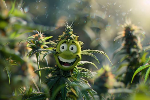 cannibis buds with a happy realistic face on a cannibis plant . AI generative.