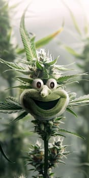 cannibis buds with a happy realistic face on a cannibis plant . AI generative.